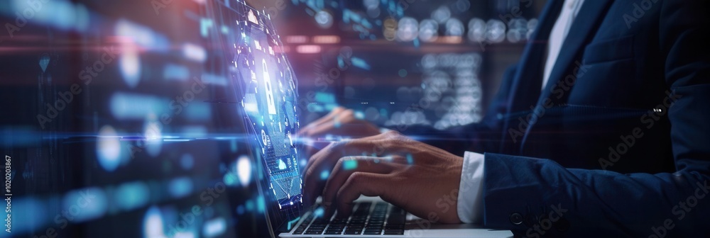 Poster A cyber security expert types on a laptop, analyzing data protection measures to safeguard information in a secure digital workspace. Generative AI