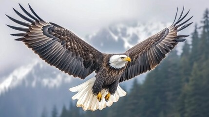 Fototapeta premium Bald eagle flying through a hazy landscape with its wings spread wide capturing the essence of nature and freedom
