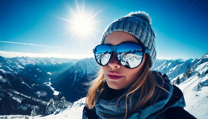 Frau mit Sonnenbrille mit Bergpanorama im Hintergrund im Winter