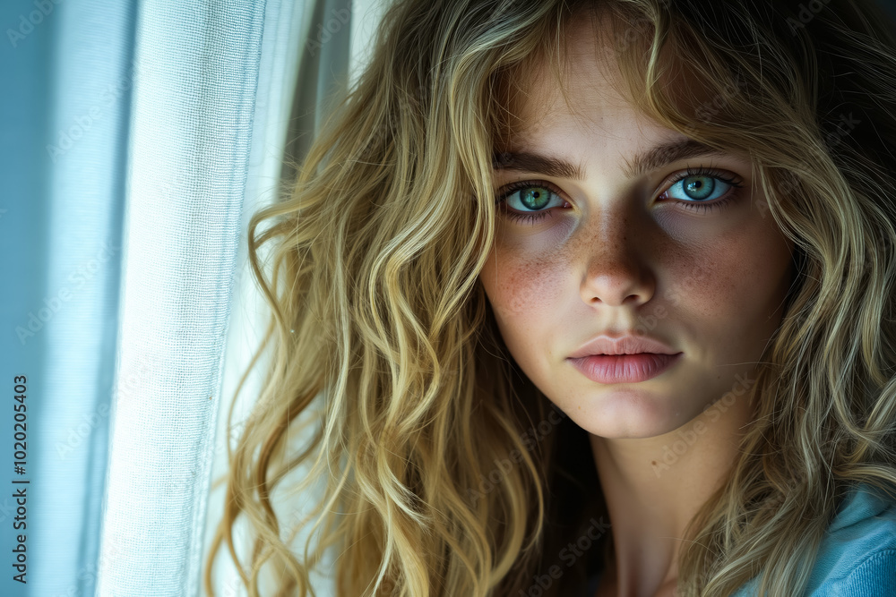 Wall mural A woman with long blonde hair and blue eyes looking out a window