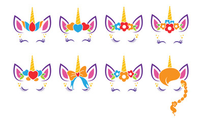 set pf unicorn head front view flat color design