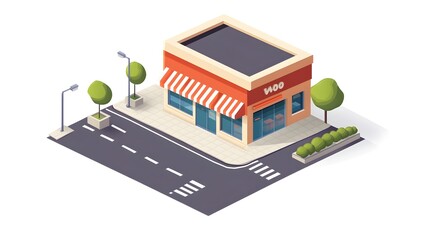 Isometric Retail Store Building with Road and Landscaping in Urban Setting