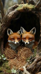 Fototapeta premium Two lifelike fox figurines nestled in a natural setting.