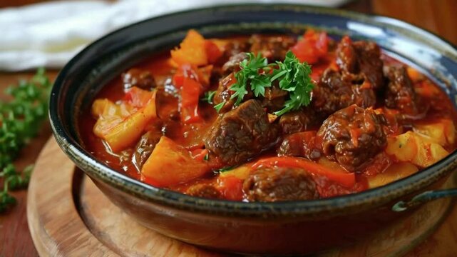Close-up of traditional goulash stew with beef and paprika.