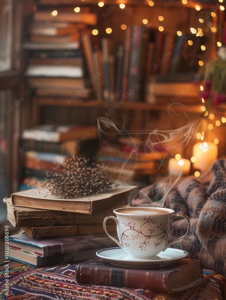 Poster a steaming cup of coffee sits atop a stack of books, surrounded by a warm and inviting atmosphere pe