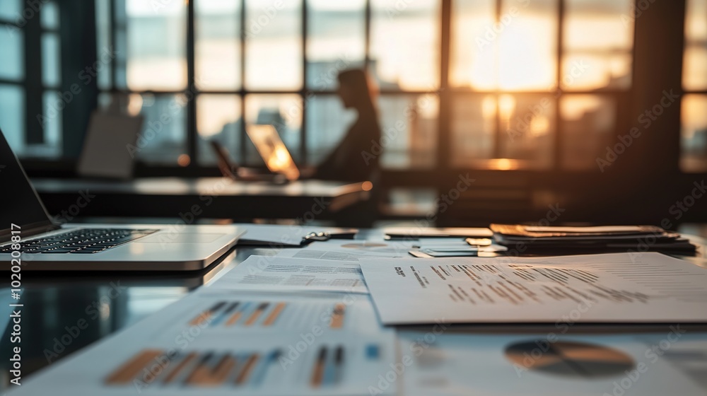 Poster Business Meeting at Sunset with Data Charts