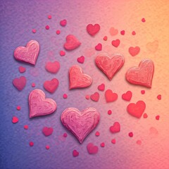 Obraz premium crayon-drawn red hearts on a pink and purple watercolor-style background.