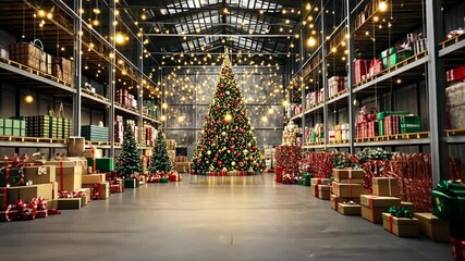 Christmas Tree in Warehouse with Presents, Logistics Center Decorated for Festive Season - Powered by Adobe