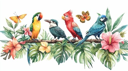 Watercolor Illustration of Tropical Birds, Flowers, and Butterflies on a Branch