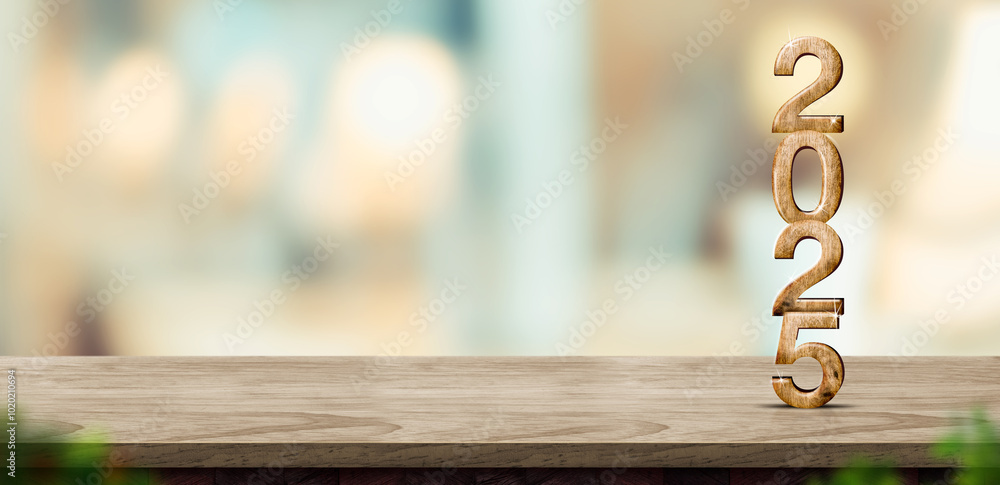 Poster happy new year 2025 on marble table with pale soft bokeh wall,banner for display or montage of produ