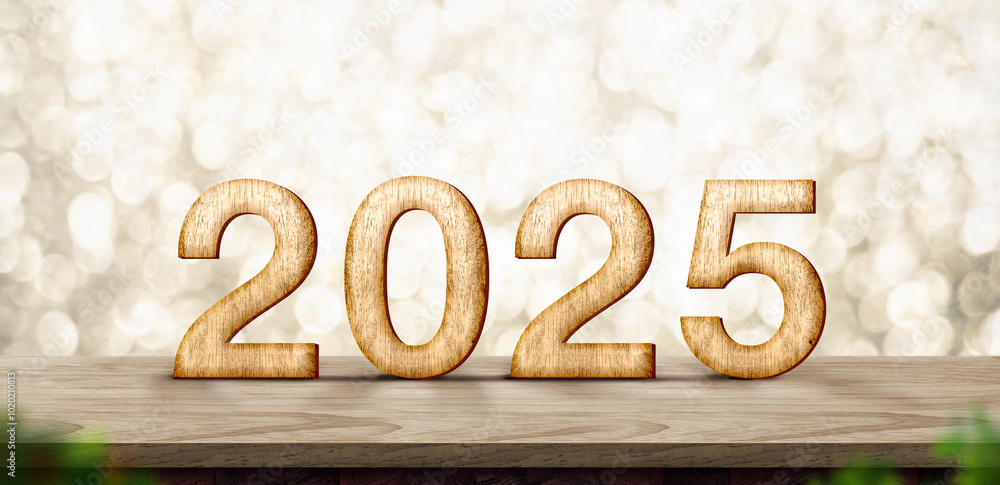 Aufkleber 2025  happy new year wood number (3d rendering) on wood table with sparkling gold bokeh wall,leave space for display of product for promotion on christmas and new year holiday