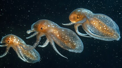 Three translucent octopuses swimming gracefully in dark waters.