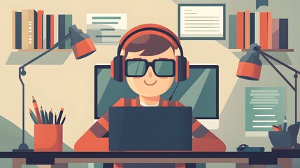 Focused Student Studying at Desk with Computer and Headphones in Flat Design