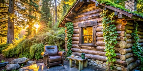 Obraz premium A rustic cabin nestled amidst a verdant forest, bathed in the golden hues of a setting sun, invites relaxation with a comfortable chair placed on a stone patio beside a quaint table