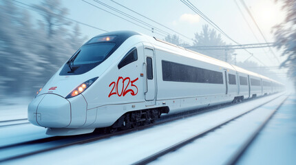 white high speed train with new year number 2025