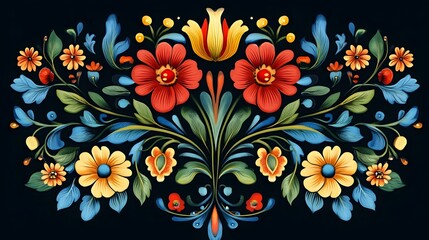 Obraz premium Intricate Folk Art Floral Ornament Design with Vibrant Colorful Flowers and Leaves