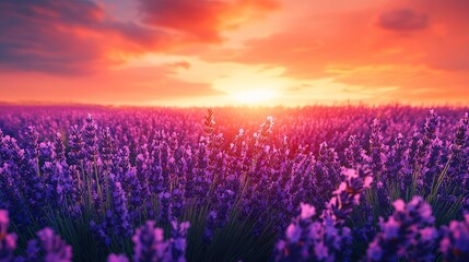 Fototapeta premium Lavender Field at Sunset with Soft, Blurred Background