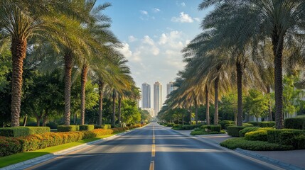 Obraz premium A paved road lined with palm trees leads to a modern cityscape.