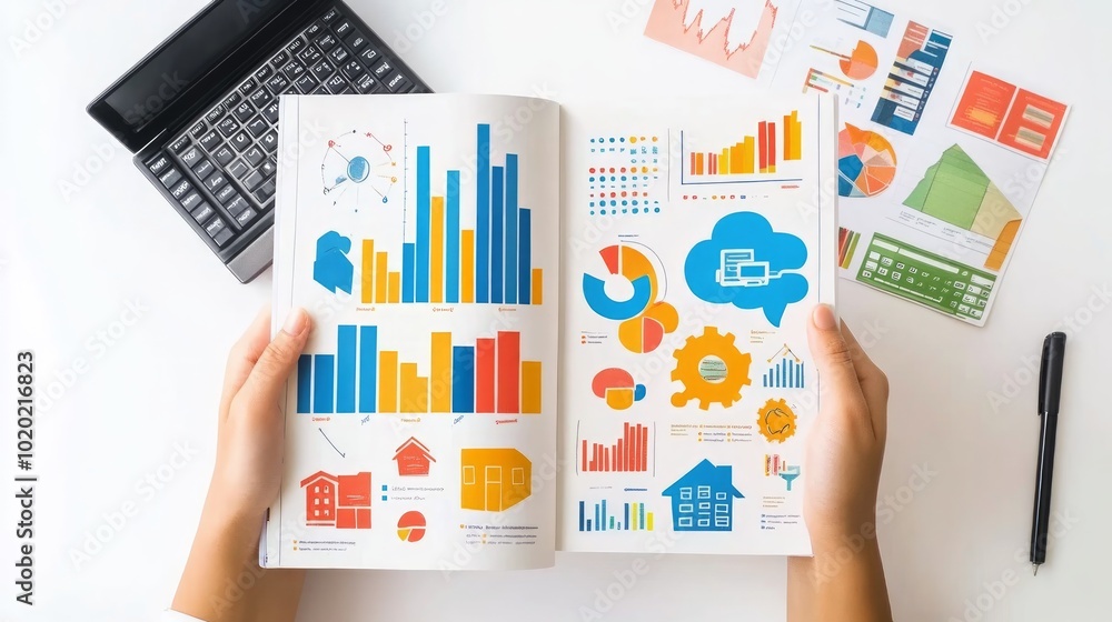 Poster a person's hands holding open a notebook with colorful charts and graphs on the pages, surrounded by