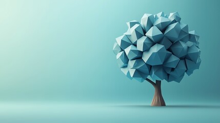 A geometric tree with a blue low-poly design on a minimalist background, symbolizing nature and creativity in design