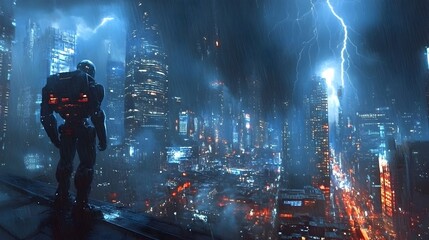 Obraz premium Futuristic Robot Navigating Through Storm Struck City at Night