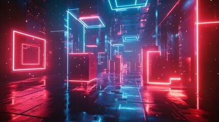 Abstract Neon Cityscape with Red and Blue Glowing Lights