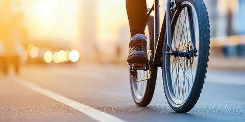 Naklejka premium Bicycle wheel close-up, riding on sunny street, dynamic motion, urban environment.