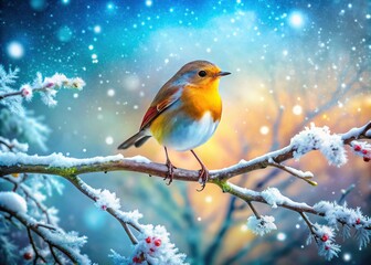 Surreal Winter Scene with European Robin in Snow - Rotkehlchen Erithacus rubecula