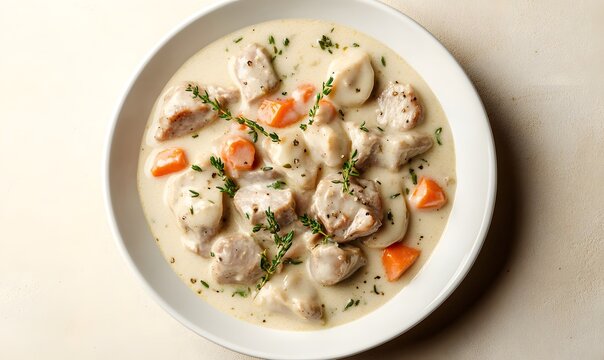 A plate of blanquette de veau, a creamy veal stew, Generative AI