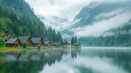 Fototapeta premium A picturesque village nestled amongst misty mountains and a serene lake, showcasing the tranquility of nature.