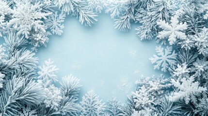 Snow-Covered Pine Branches and Snowflakes on Blue Background