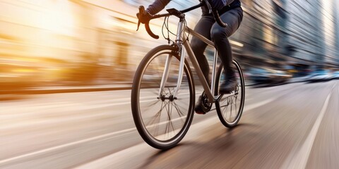 Fototapeta premium Bicyclist racing on urban road, motion blur effect, vibrant city background.
