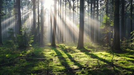 Fototapeta premium Sunbeams Piercing Through Foggy Forest