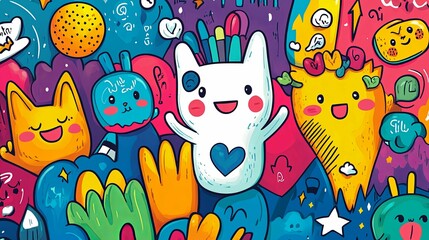 Colorful Doodle Characters and Shapes on a Dark Background