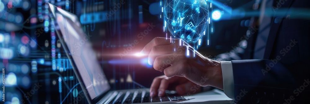 Poster A professional engages with advanced technology to safeguard sensitive data in a dynamic cyber security setting. Generative AI