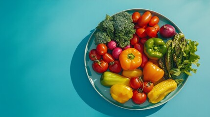 A plate of fresh, colorful vegetables including red and yellow bell peppers, tomatoes, broccoli, and corn on a blue background.