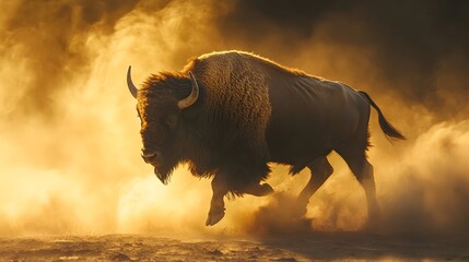 Majestic Bison Running Through Dust Cloud in Warm Lighting