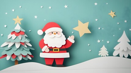 Festive Santa Claus with Snowy Papercut Tree and Shining Star