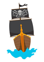 Stylized cartoon pirate ship illustration with black sails. Cute vector icon. Pirate Ship sailing on water