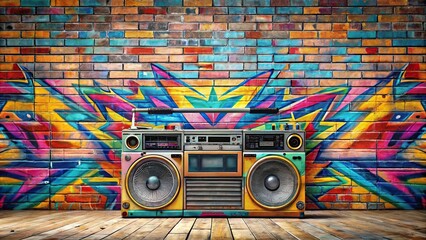 boombox with colorful graffiti in front of a wall