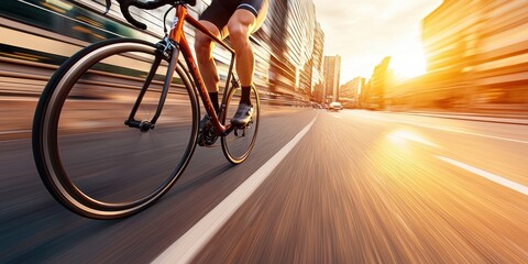 Naklejka premium Cyclist riding on a city street at sunset, motion blur effect creates dynamic movement, urban lifestyle