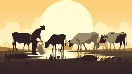 Obraz premium A man is pouring water into a trough for a cow