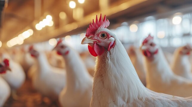 A group of chickens are in a pen, one of which has its head turned to the side