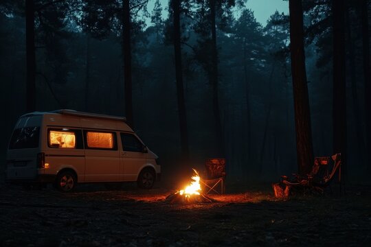 Night camping in the forest with a vintage SUV parked on the side