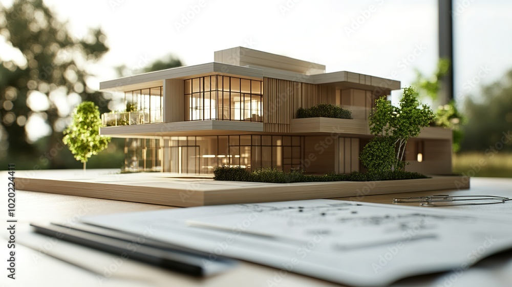 Poster modern architectural model on table with sketches