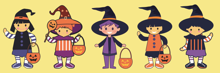 Vector illustration of a collection of children wearing cute Halloween costumes with scary hats and clothes. I'm celebrating Halloween with friends