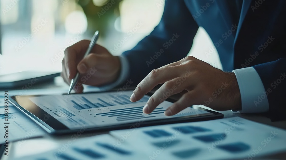 Poster Businessman Analyzing Data on Tablet Device