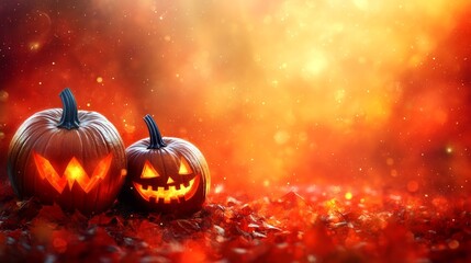 Fototapeta premium Two carved jack-o'-lanterns with glowing faces sit on a bed of fall leaves against a warm, orange and yellow blurred background.