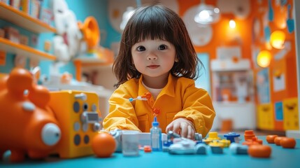 Fototapeta premium Child playing with colorful toys in a vibrant, playful setting.