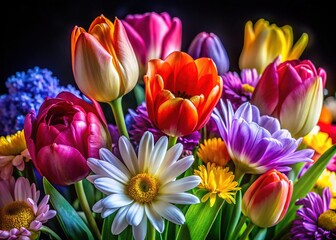 Fototapeta premium Vibrant Spring Flowers on Dark Background - High Depth of Field Photography